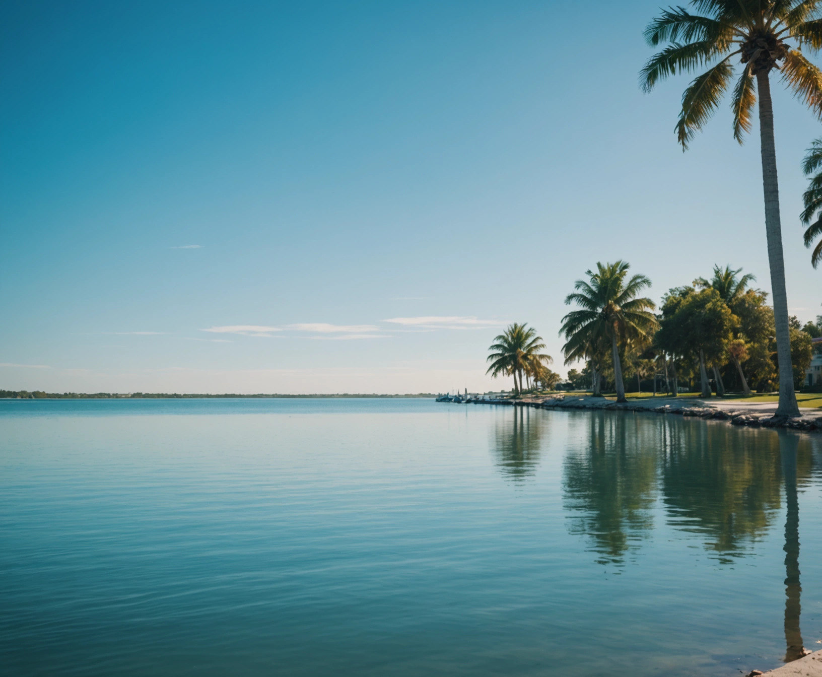 about-us-p-6 Sarasota Bay with calm turquoise water reflecting sunlight and distant palm trees