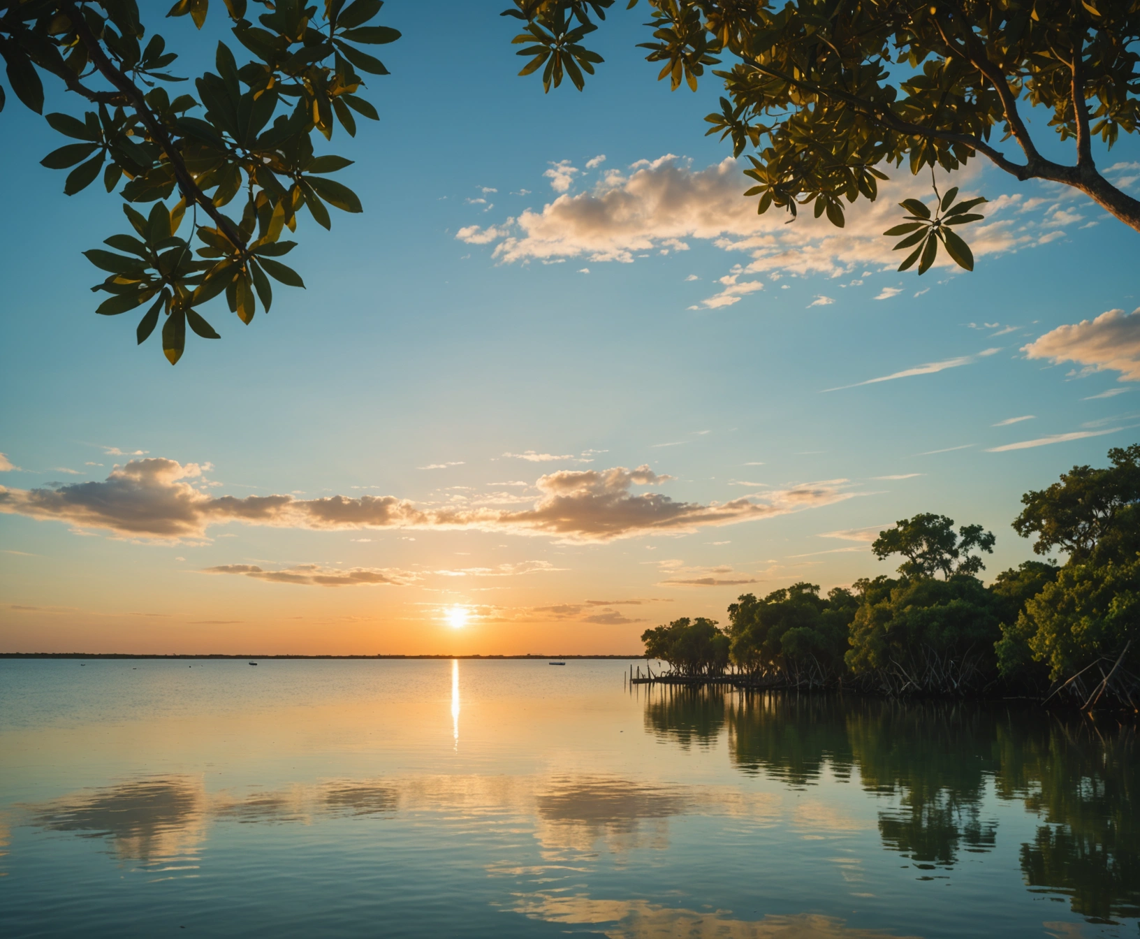 about-us-p-9 Scenic Sarasota Bay with calm turquoise waters, mangroves, and golden sky