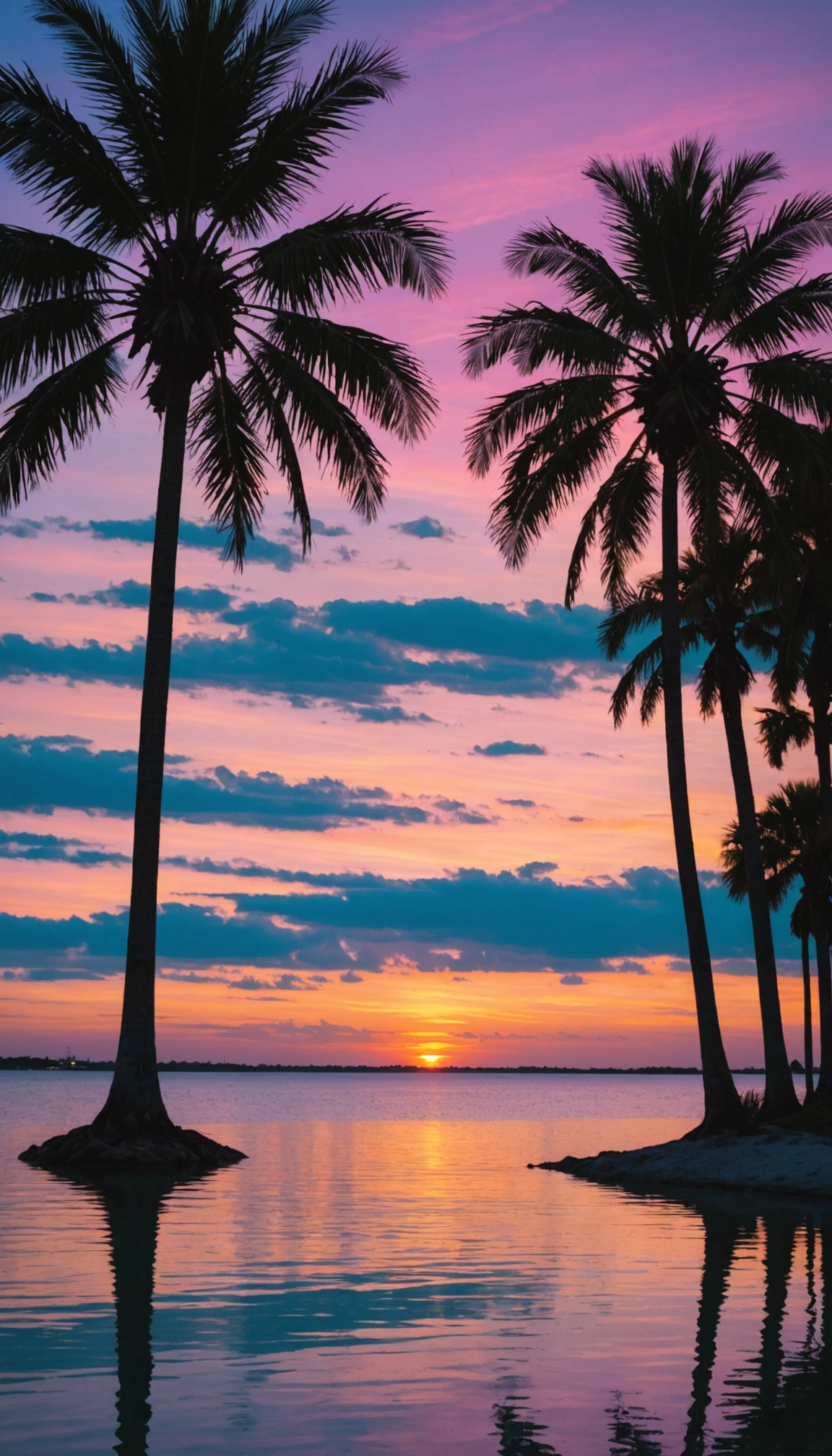 faq-sidecar-2 Sarasota Bay sunset with sky hues reflecting on calm water and distant palm silhouettes