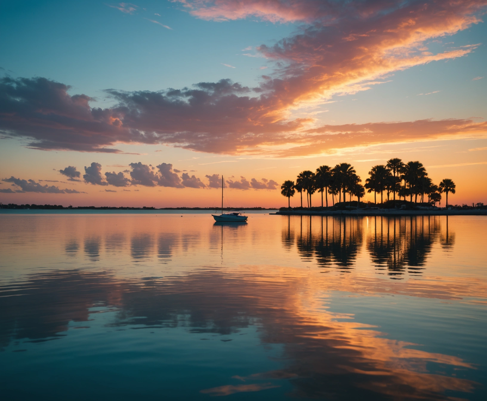 sunset-cruise-p-1 Serene Sarasota Bay at sunset with palm tree silhouettes in the distance