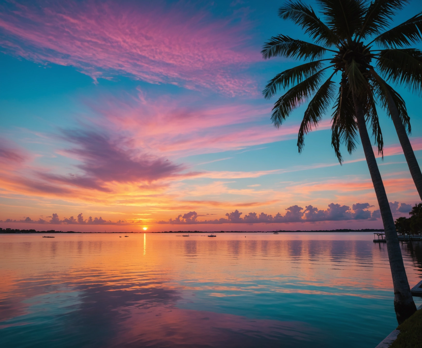 sunset-cruise-p-2 Sarasota Bay sunset with sky reflecting on calm water and distant palm silhouettes