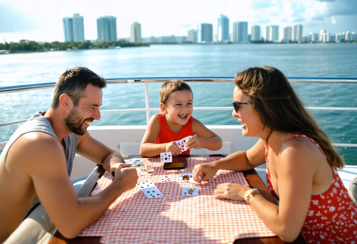 Parents and kids enjoying a picnic lunch on the boat deck
