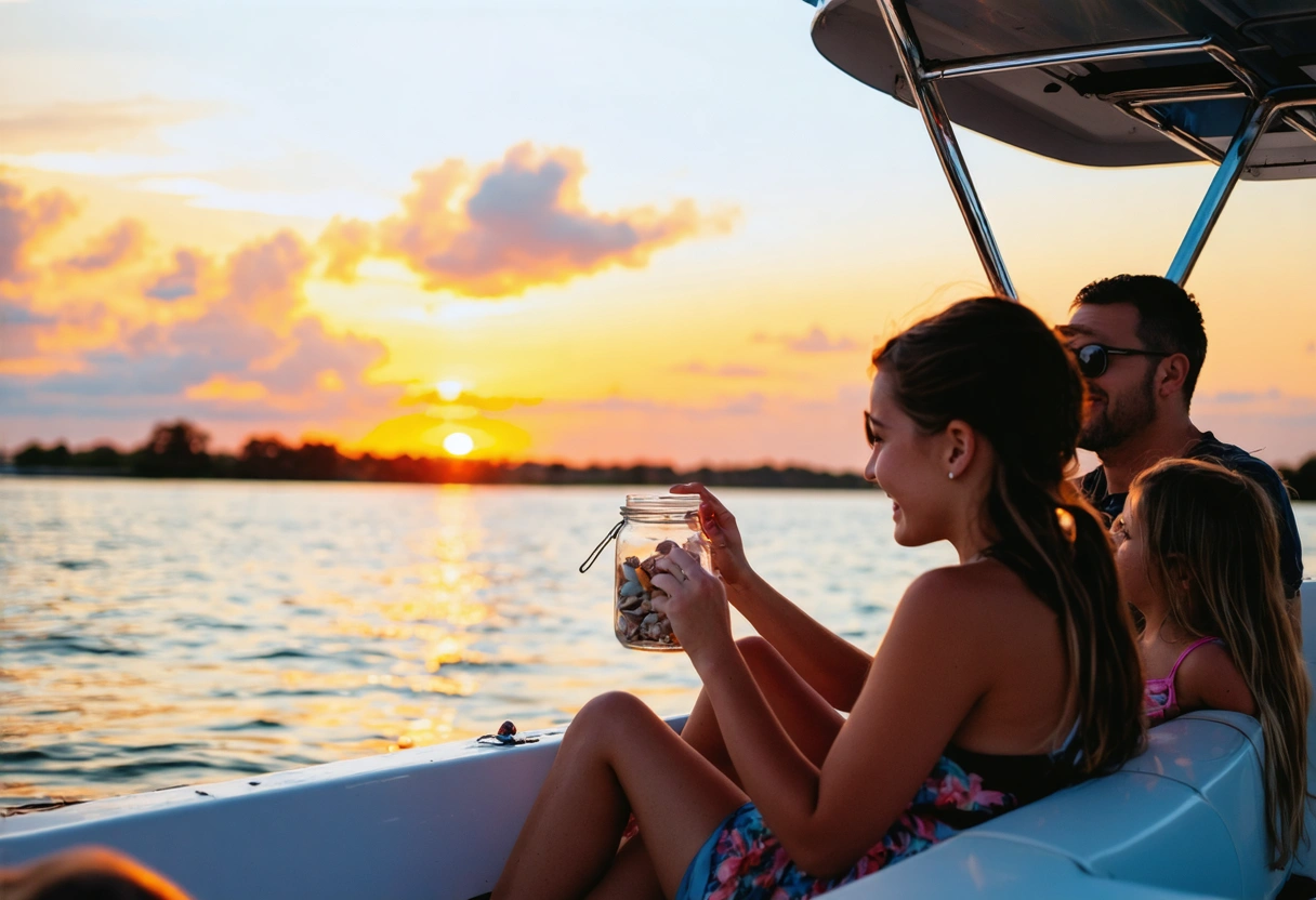 Sunset view from the boat with silhouettes of a happy family