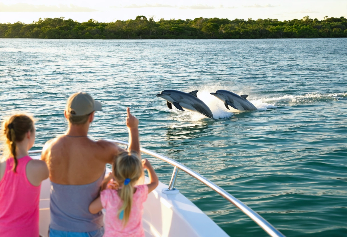 Family boarding a boat at a Sarasota marina under clear blue skies