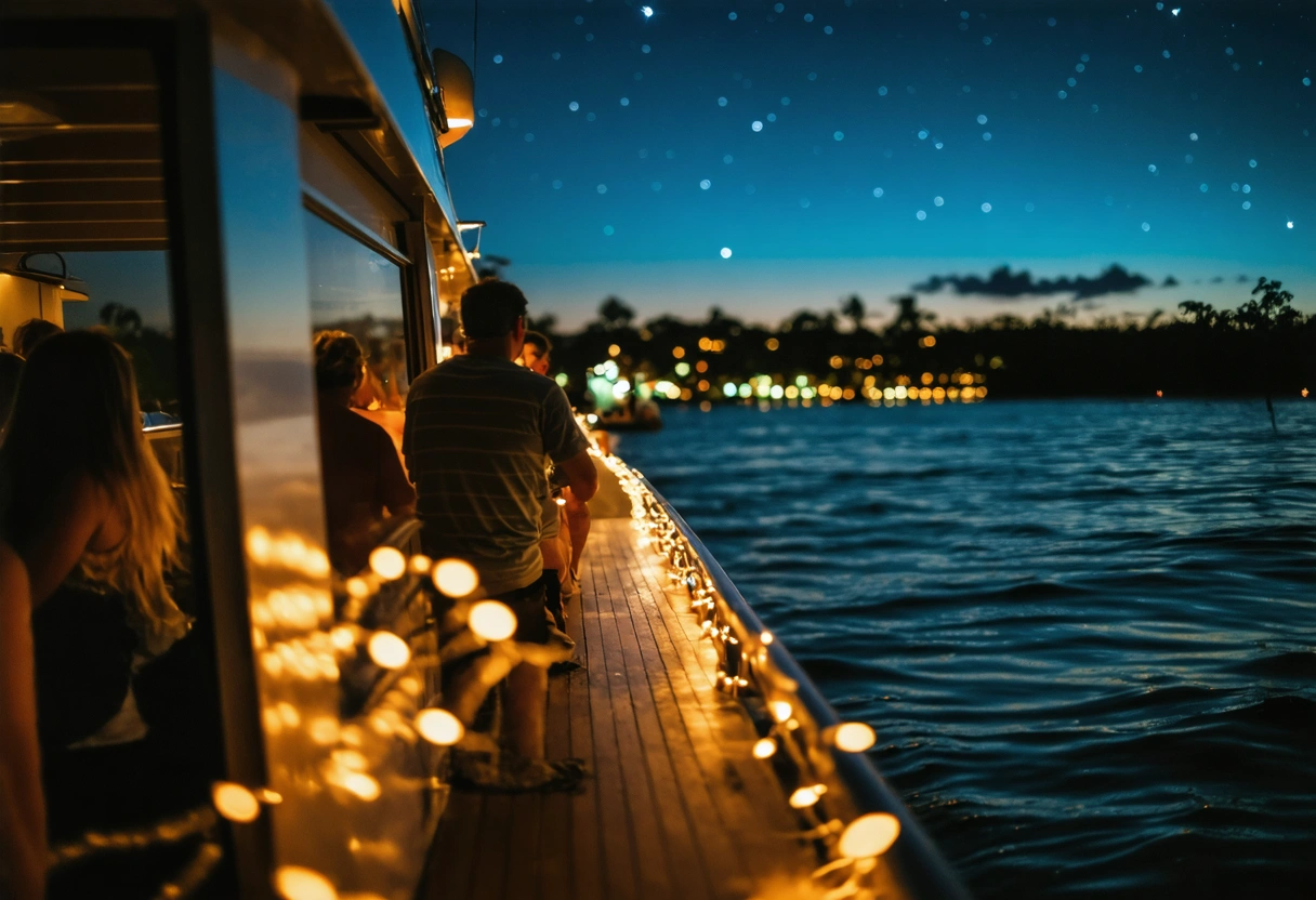 Boat cruising Sarasota Bay at night with holiday lights reflecting.