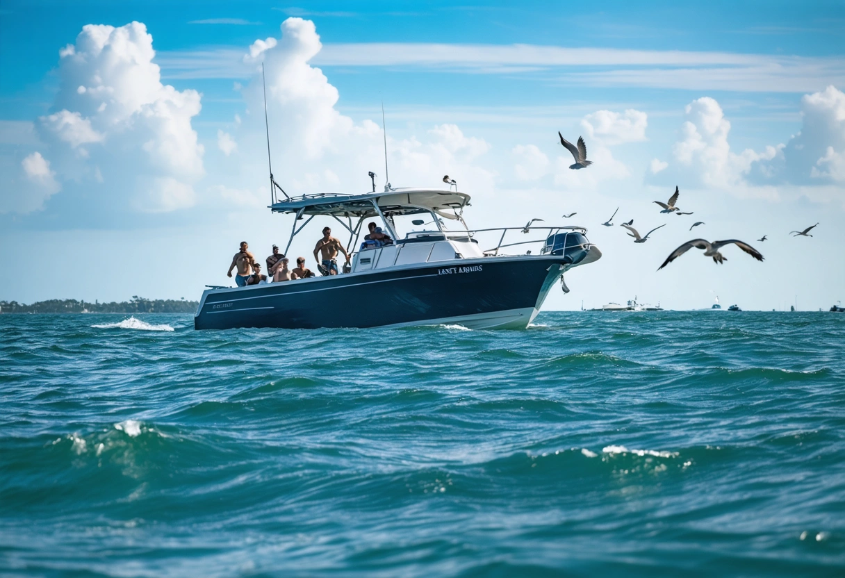 A boat cruising through Sarasota waters, with passengers observing wildlife. The focus is on eco-friendly
