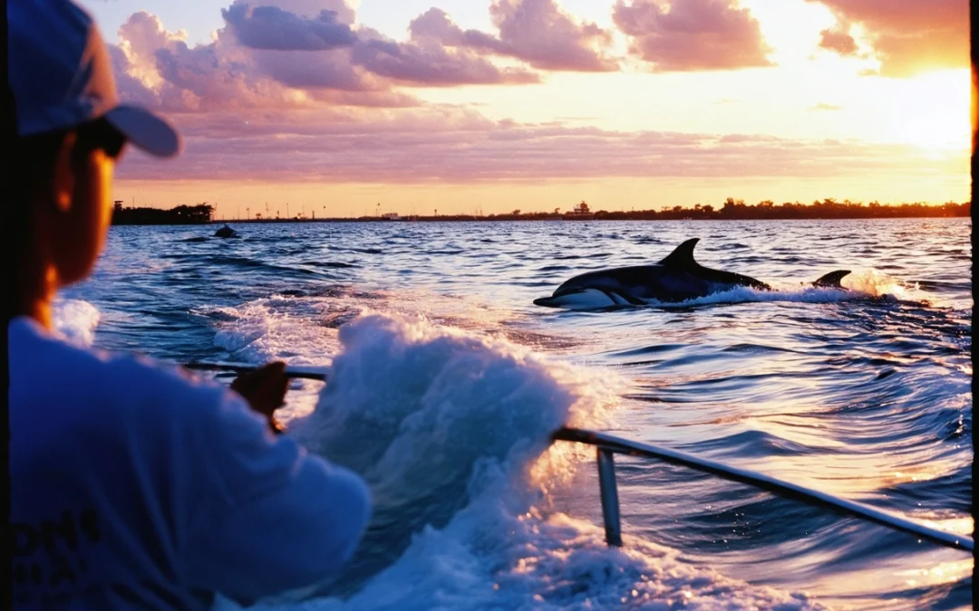Boat gliding through Sarasota waters at sunset with dolphins, vibrant sky, and serene ambiance.