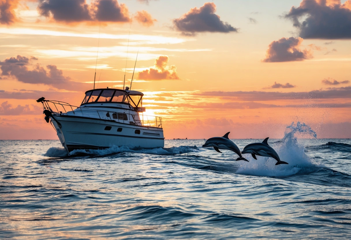 A boat sailing on the Gulf during a Sarasota sunset, surrounded by vivid colors in