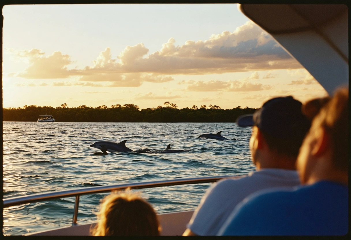 Passengers on a boat tour observing dolphins at sunset in Sarasota Bay