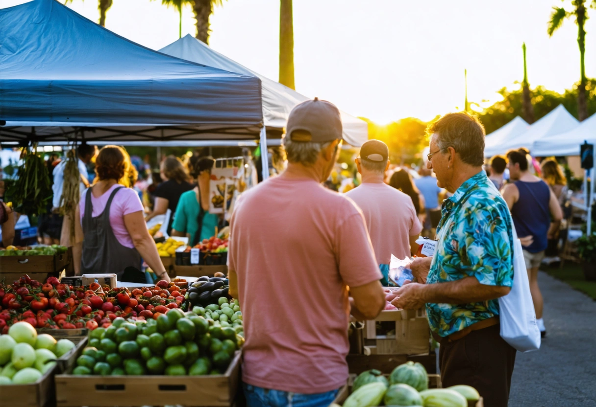 A bustling Sarasota farmers' market at sunset. Stalls display fresh produce and artisanal goods. Shoppers