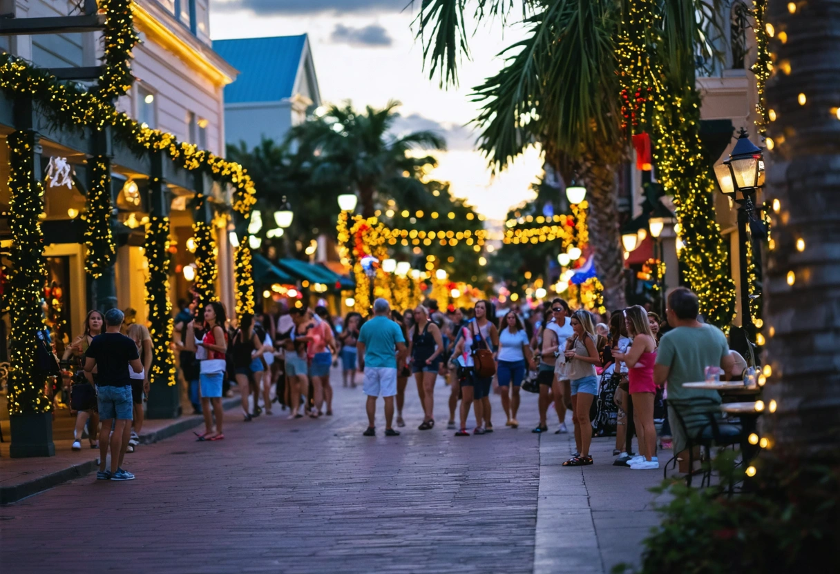 Sarasota street bustling with holiday lights and tourists exploring.