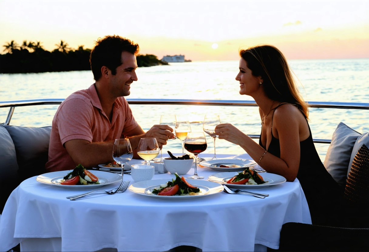 Couple dining on boat with ocean view in Sarasota.
