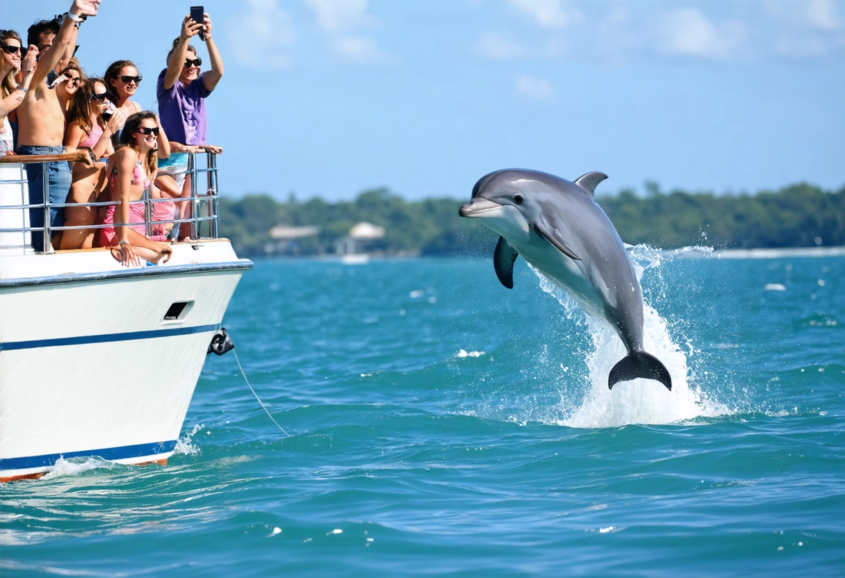 A dolphin leaping from the water near a boat, with passengers taking photos. The scene