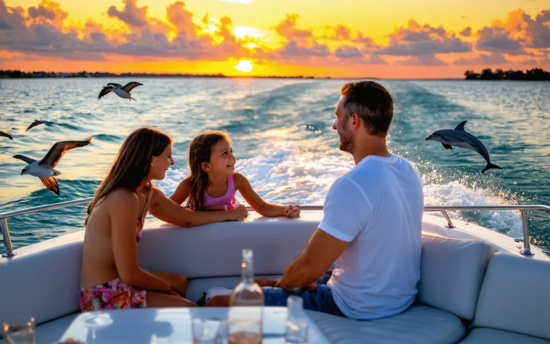 Family enjoying Sarasota sunset cruise with vibrant sky, dolphins, and seabirds in natural light.