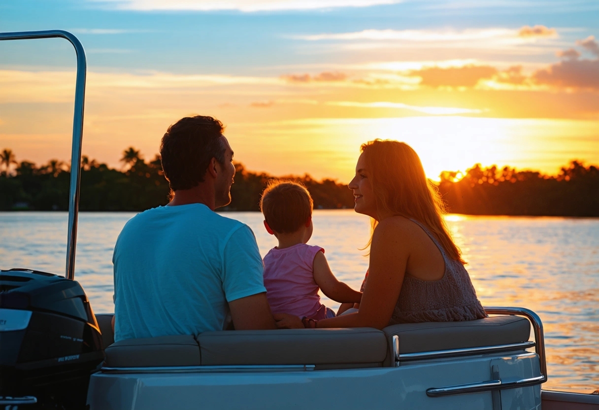 A family on a boat enjoying the sunset over Sarasota Bay, with the sky painted