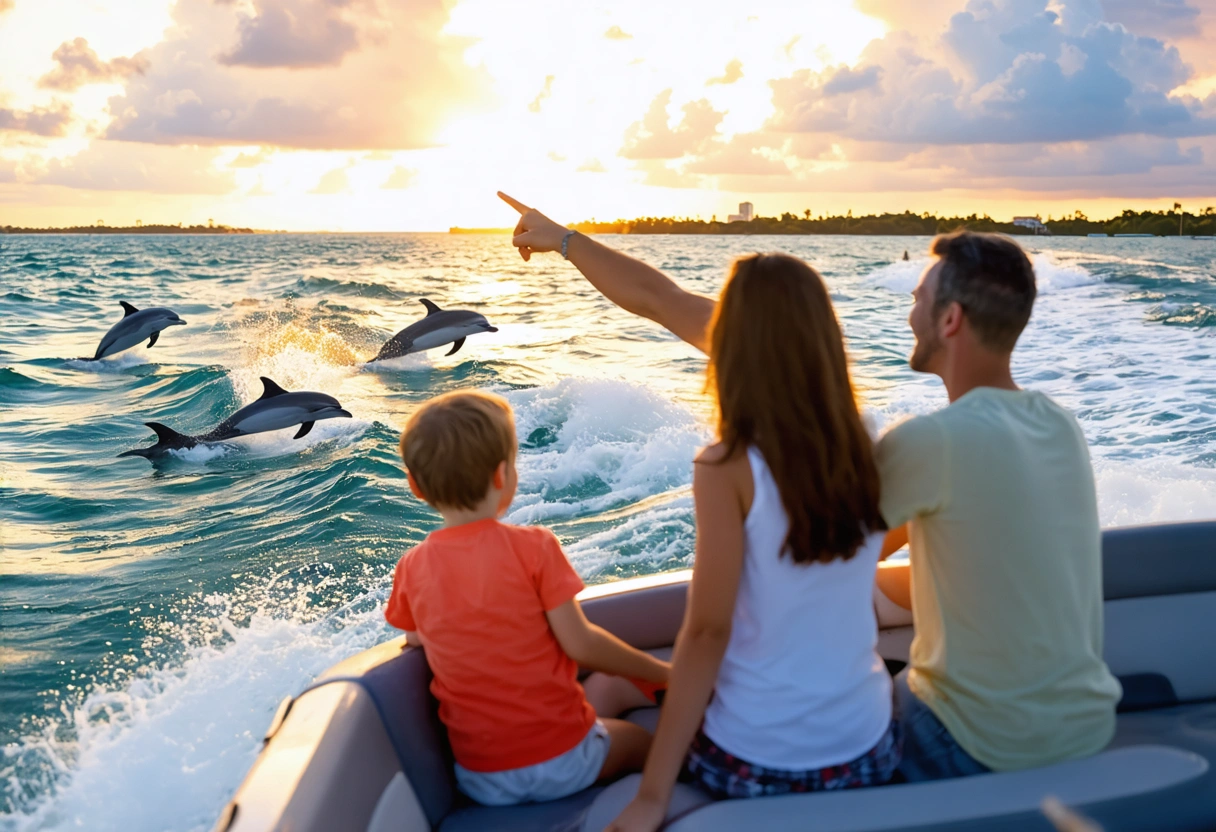 Family on boat pointing at dolphins during Sarasota sunset.