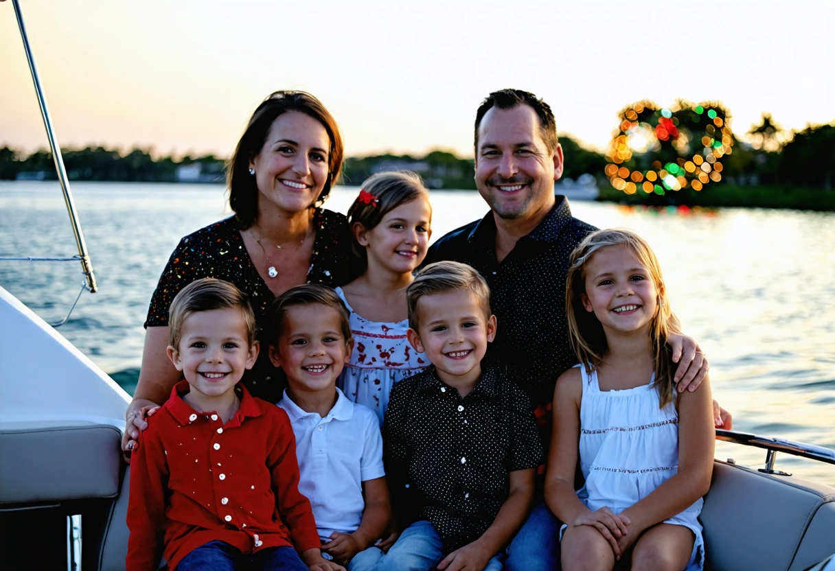 Family on a boat enjoying Sarasota Bay's holiday lights.