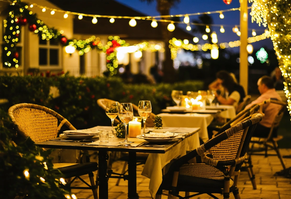 Outdoor dining scene in Sarasota with holiday lights and decorations.