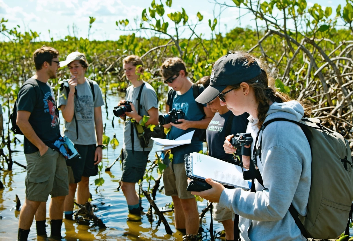 A group of citizen scientists documenting wildlife in Sarasota's mangroves, using notebooks and cameras, under