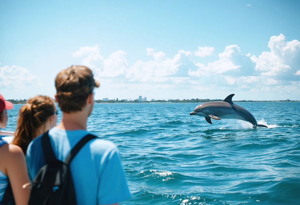 Group on boat watching dolphins jump in Sarasota Bay.