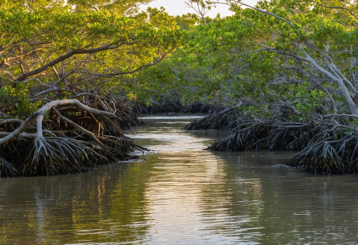 A peaceful scene of Sarasota's mangrove forest with a narrow waterway, vibrant green foliage, and
