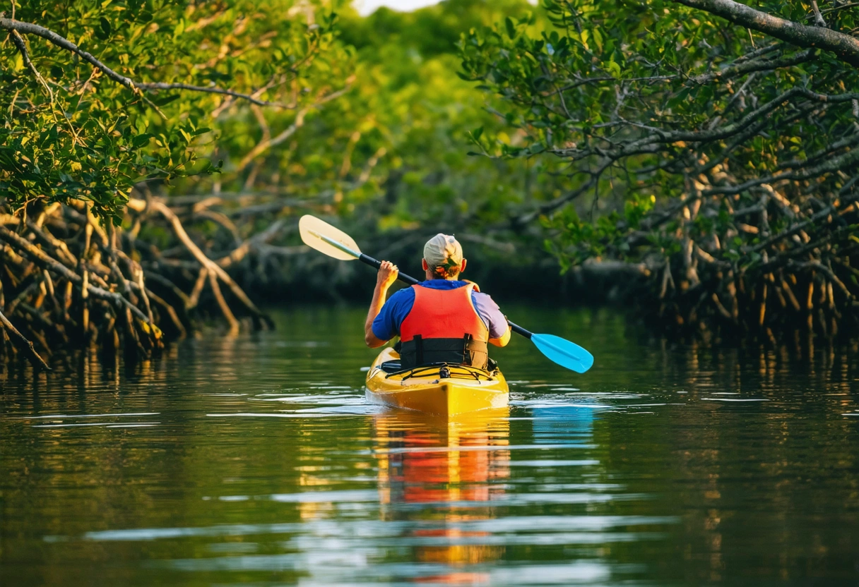 A person kayaking through Sarasota's mangroves, surrounded by lush greenery and calm waters. The scene