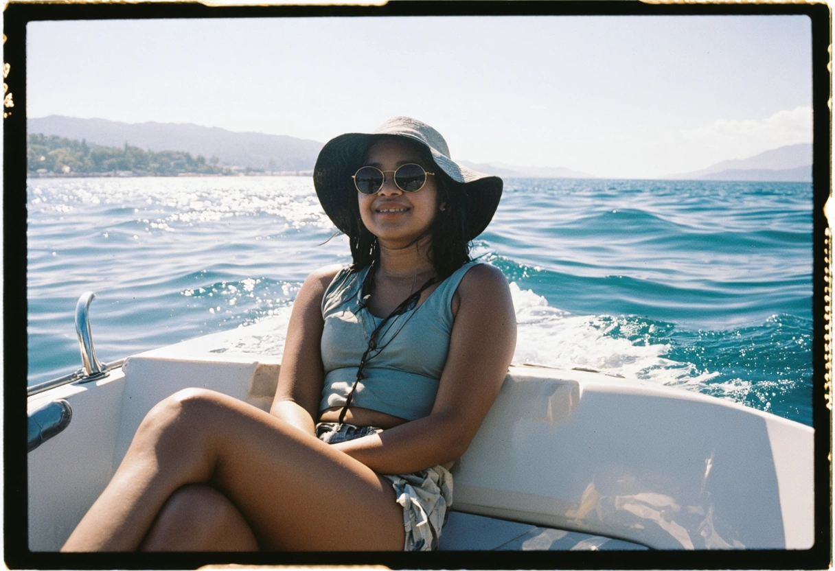 A person on a boat wearing lightweight clothing, sunglasses, and a wide-brimmed hat. The sun
