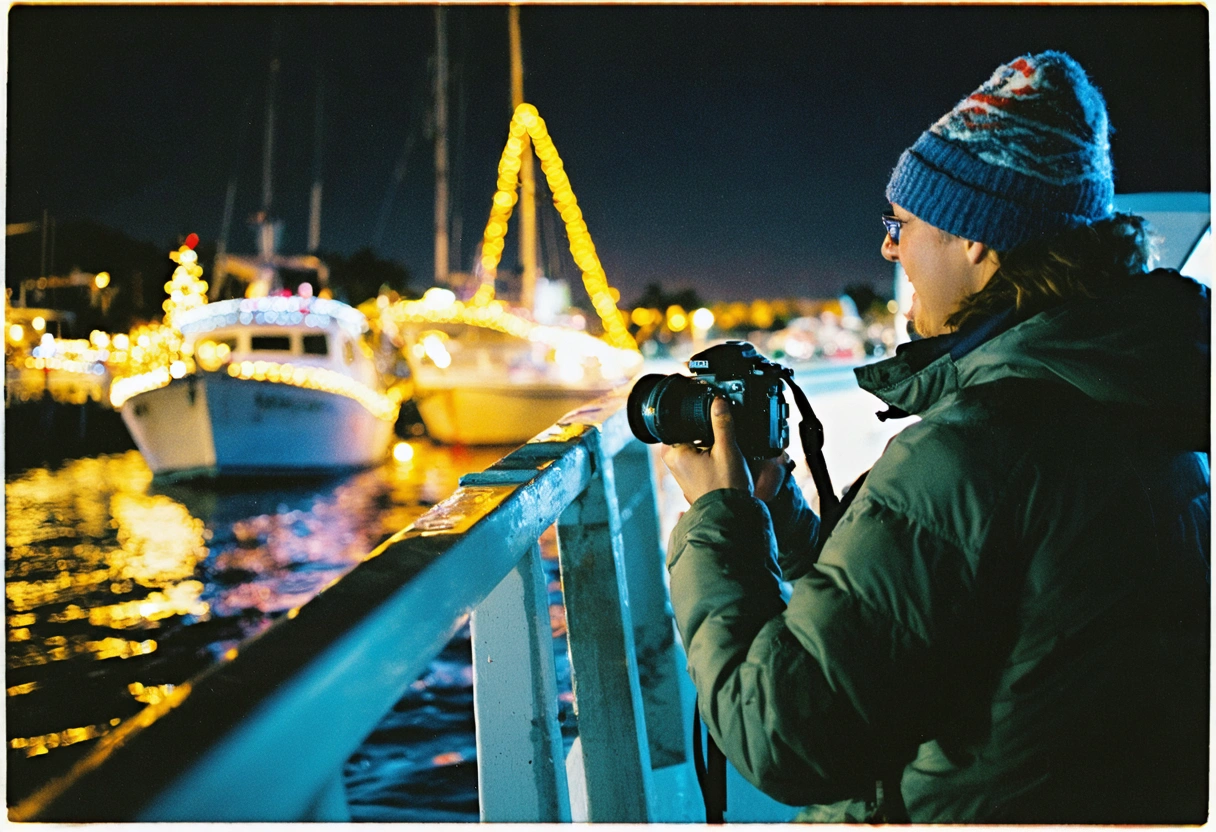Photographer capturing Sarasota's holiday lights from a boat.