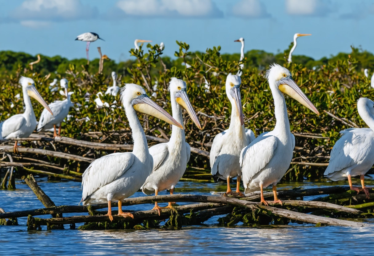 Pelicans and herons perched on mangroves under a clear sky