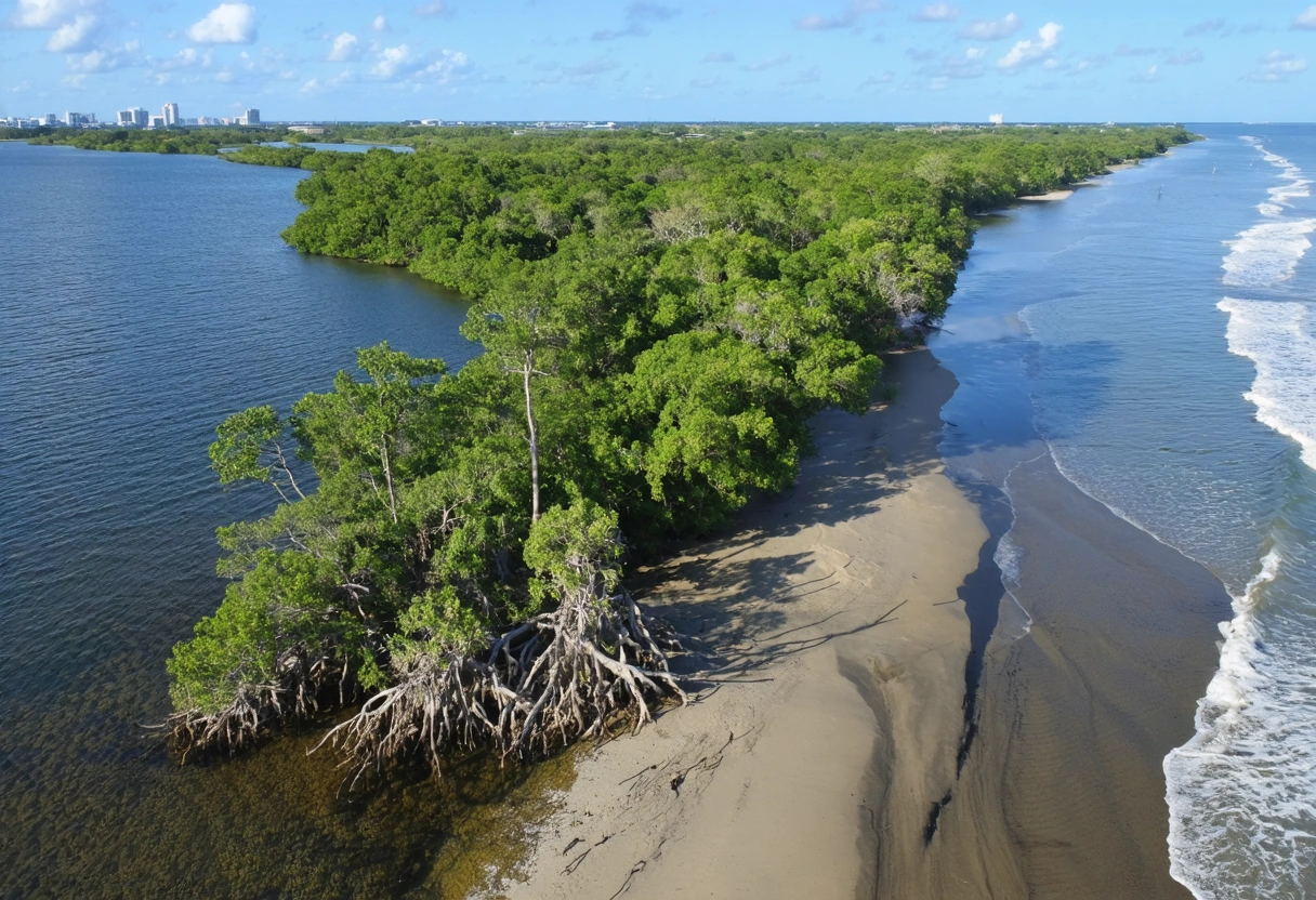 Aerial view of Sarasota's mangrove coastline, showcasing the dense root systems and lush greenery, with