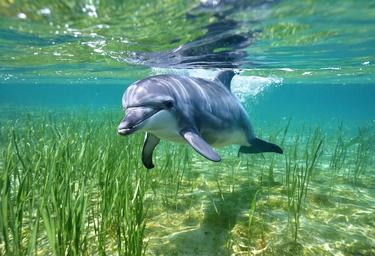 Dolphin swimming in clear Sarasota Bay with lush seagrass meadows