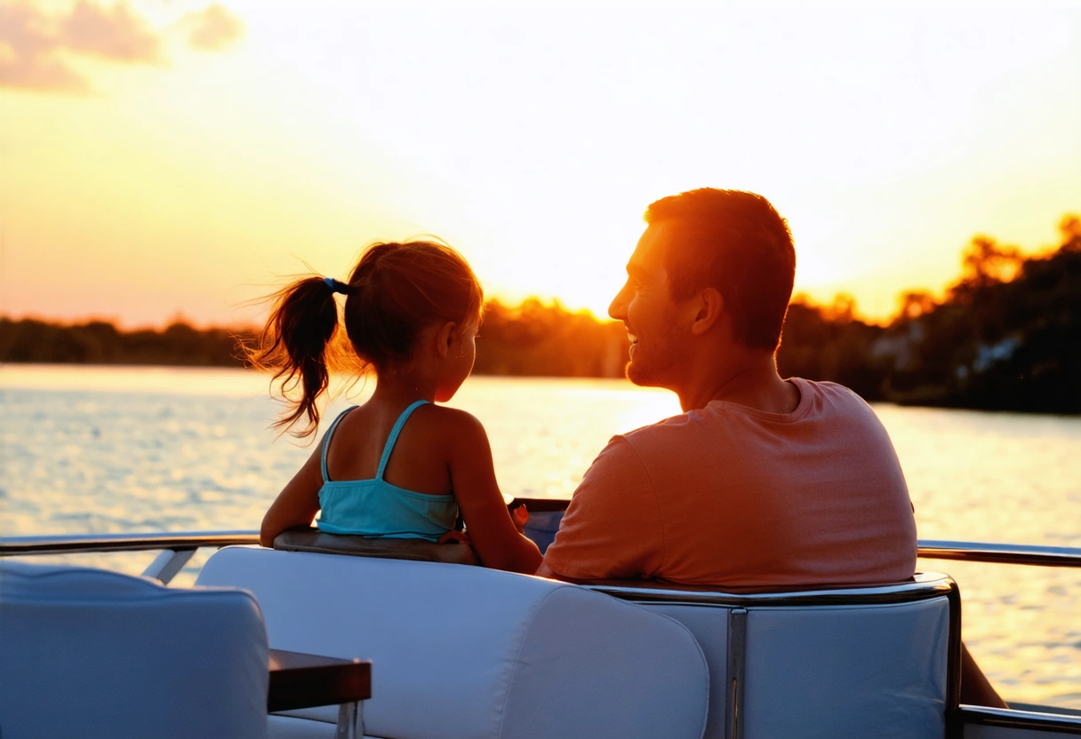 Family enjoying a Sarasota sunset cruise, no electronic devices, engaging in conversation, calm sea, gentle