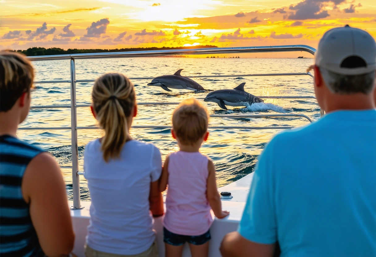 Family on a Sarasota sunset cruise, diverse group on boat, wildlife watching, dolphins in view,