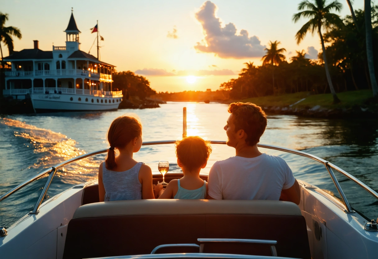 Family on a Sarasota sunset cruise, passing historical landmarks, guide narrating history, Ca' d'Zan Mansion