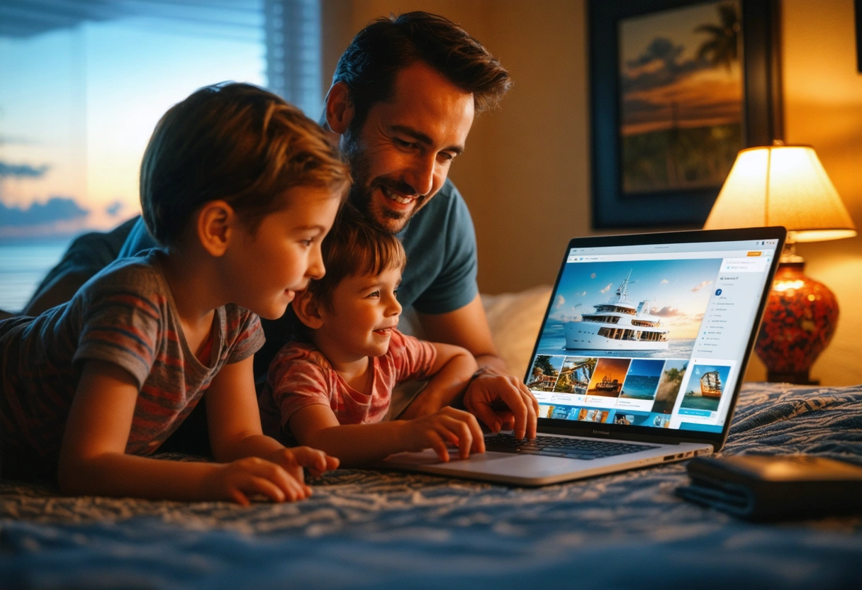 Family researching Sarasota sunset cruises on laptop, booking site open, reviews visible, planning vacation, bright