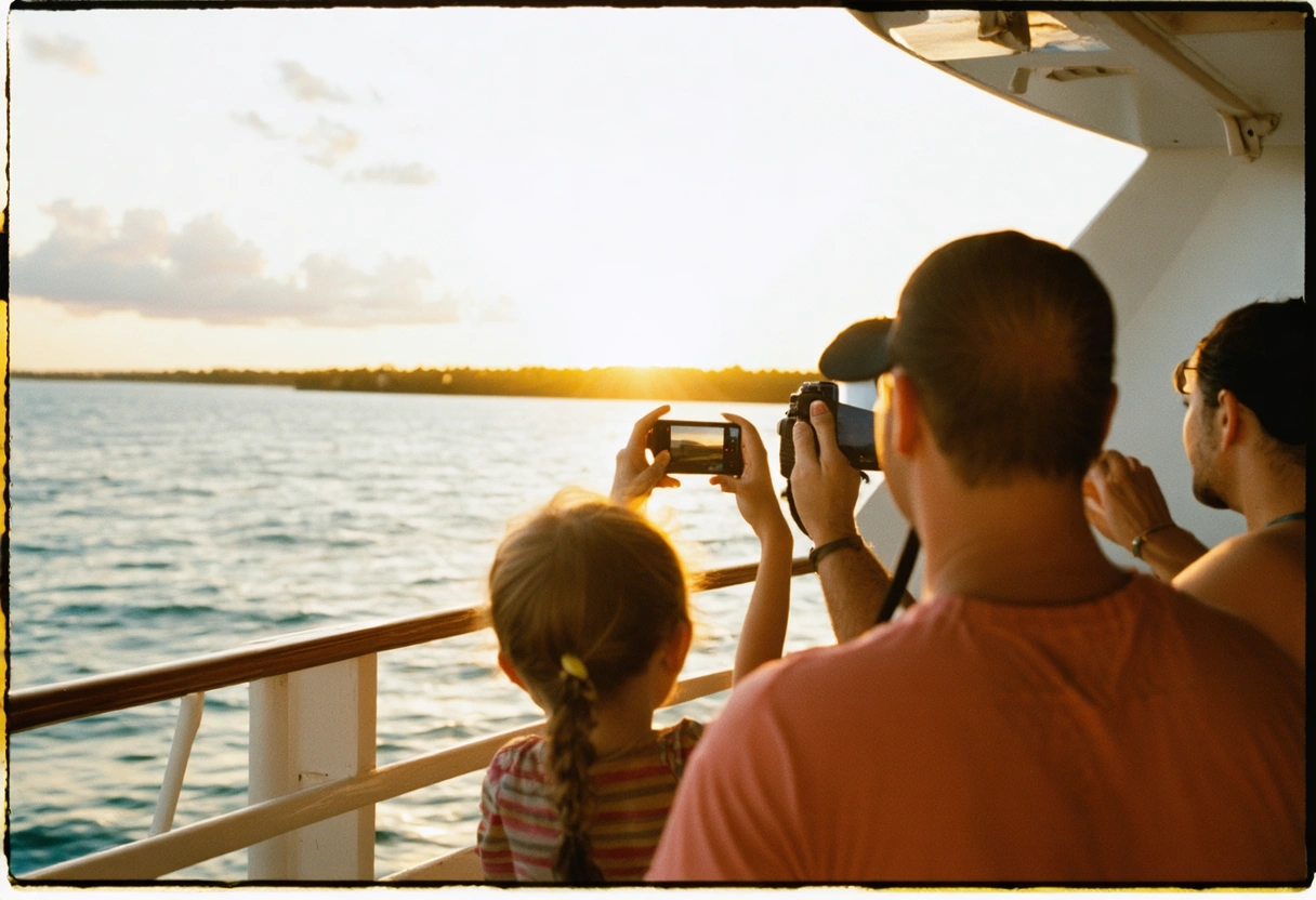 Family taking photos on a Sarasota sunset cruise, Gulf of Mexico backdrop, candid interactions, relaxed