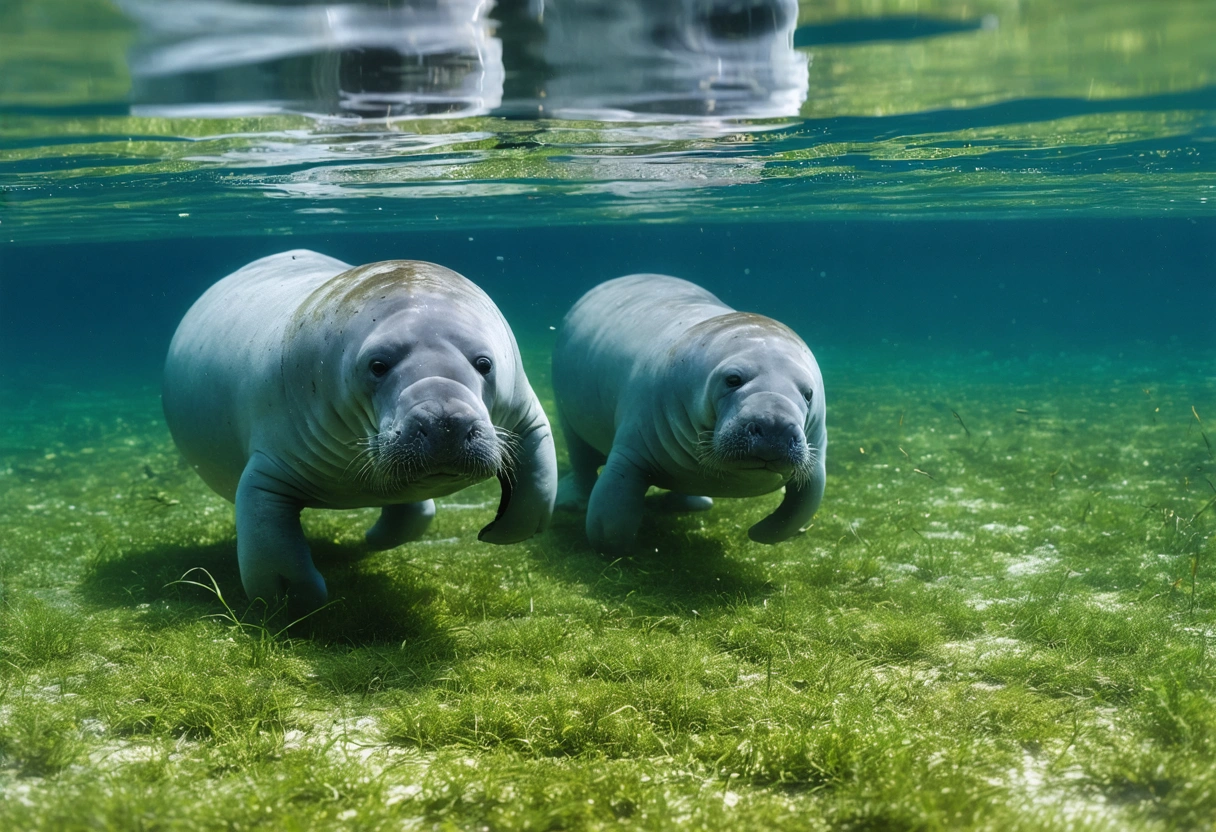 Gentle manatees grazing on seagrass in calm Sarasota Bay waters