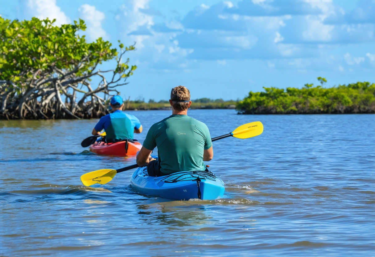 Kayakers paddling near mangroves in Sarasota Bay, observing marine life
