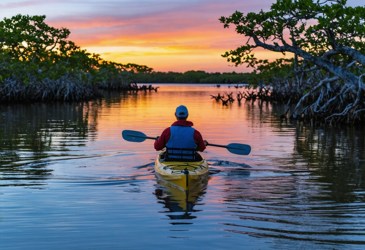 Kayakers exploring Sarasota's mangroves at sunset. The calm waters reflect the vibrant sky, creating a