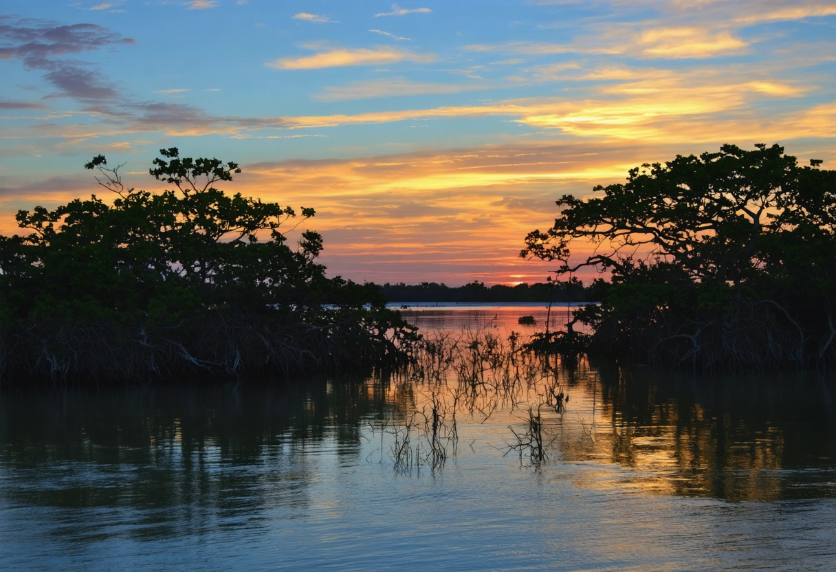 Sunset over Sarasota Bay with calm waters and silhouetted mangroves