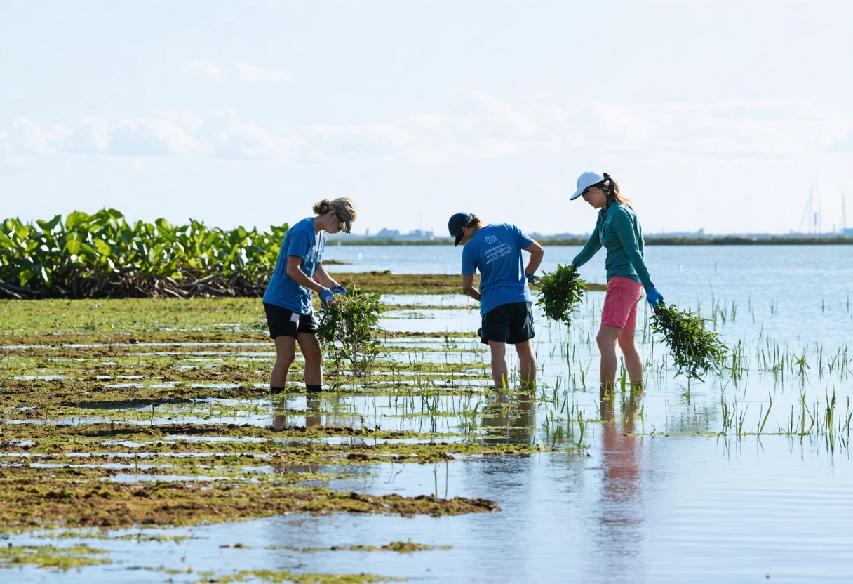 Volunteers planting mangrove seedlings along Sarasota's coastline, under a clear sky, with a focus on