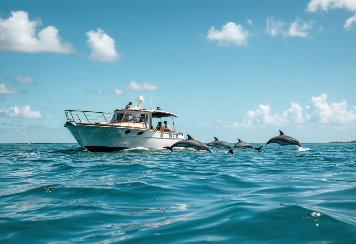 Boat near dolphins in Sarasota Bay on sunny day