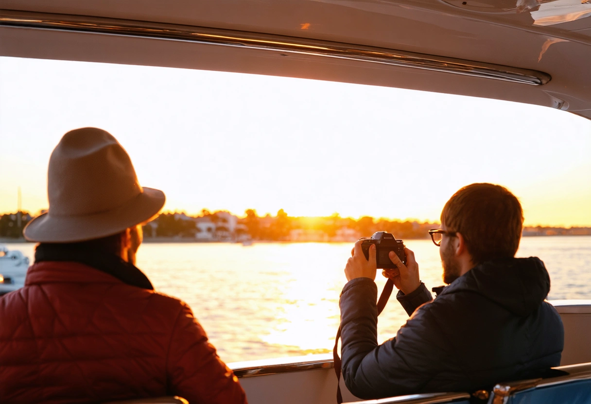 Couple enjoying Gulf views on a Sarasota sunset cruise.