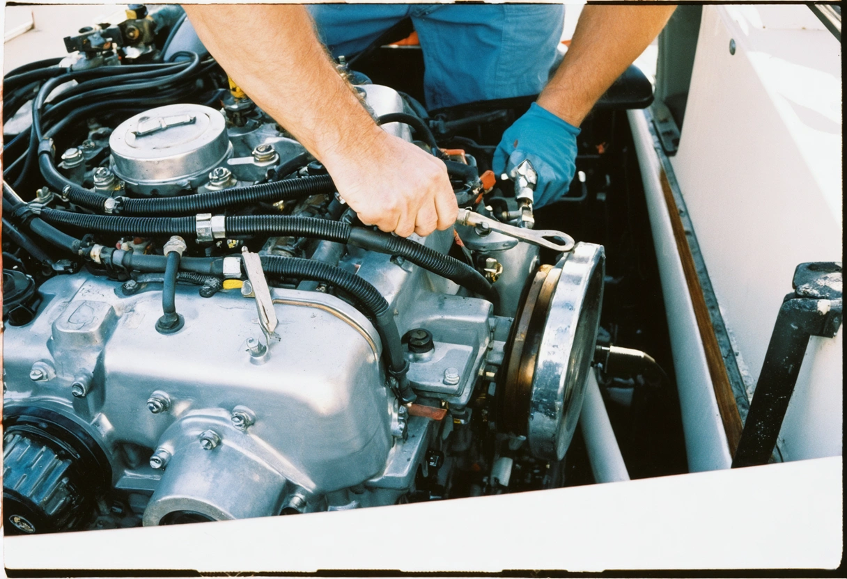 Mechanic inspecting boat engine with tools in bright daylight