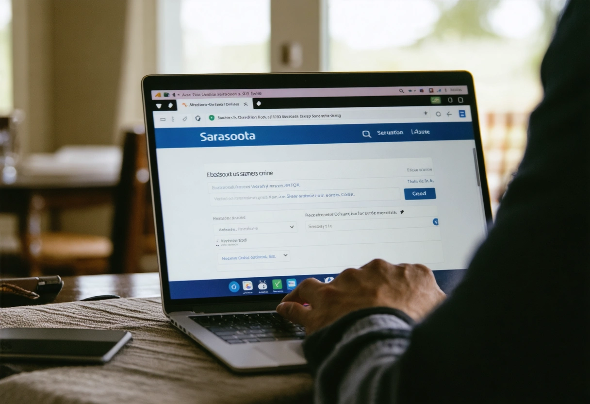 A person booking a Sarasota cruise online, laptop screen showing reservation page, cozy home setting,