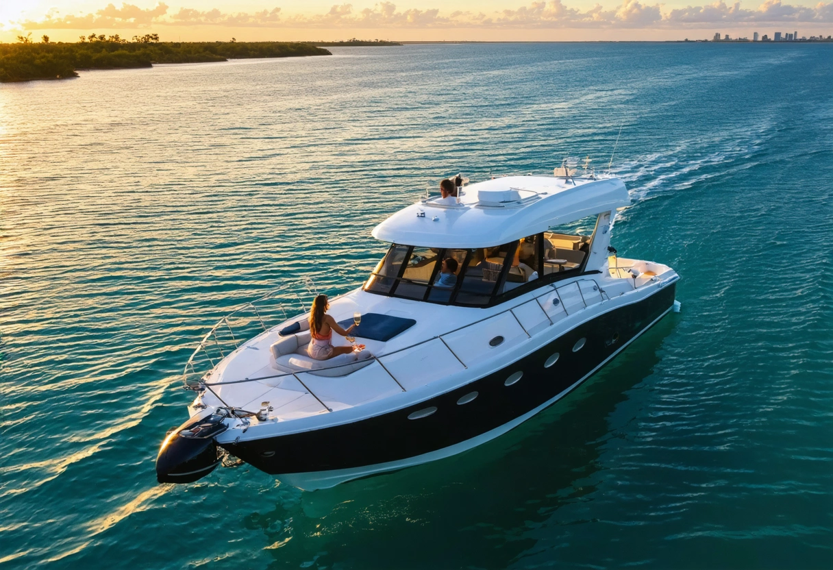 A private charter boat on Sarasota Gulf, a couple enjoying champagne at sunset, surrounded by