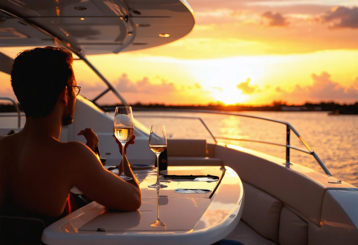 Couple enjoying a romantic yacht cruise at sunset.