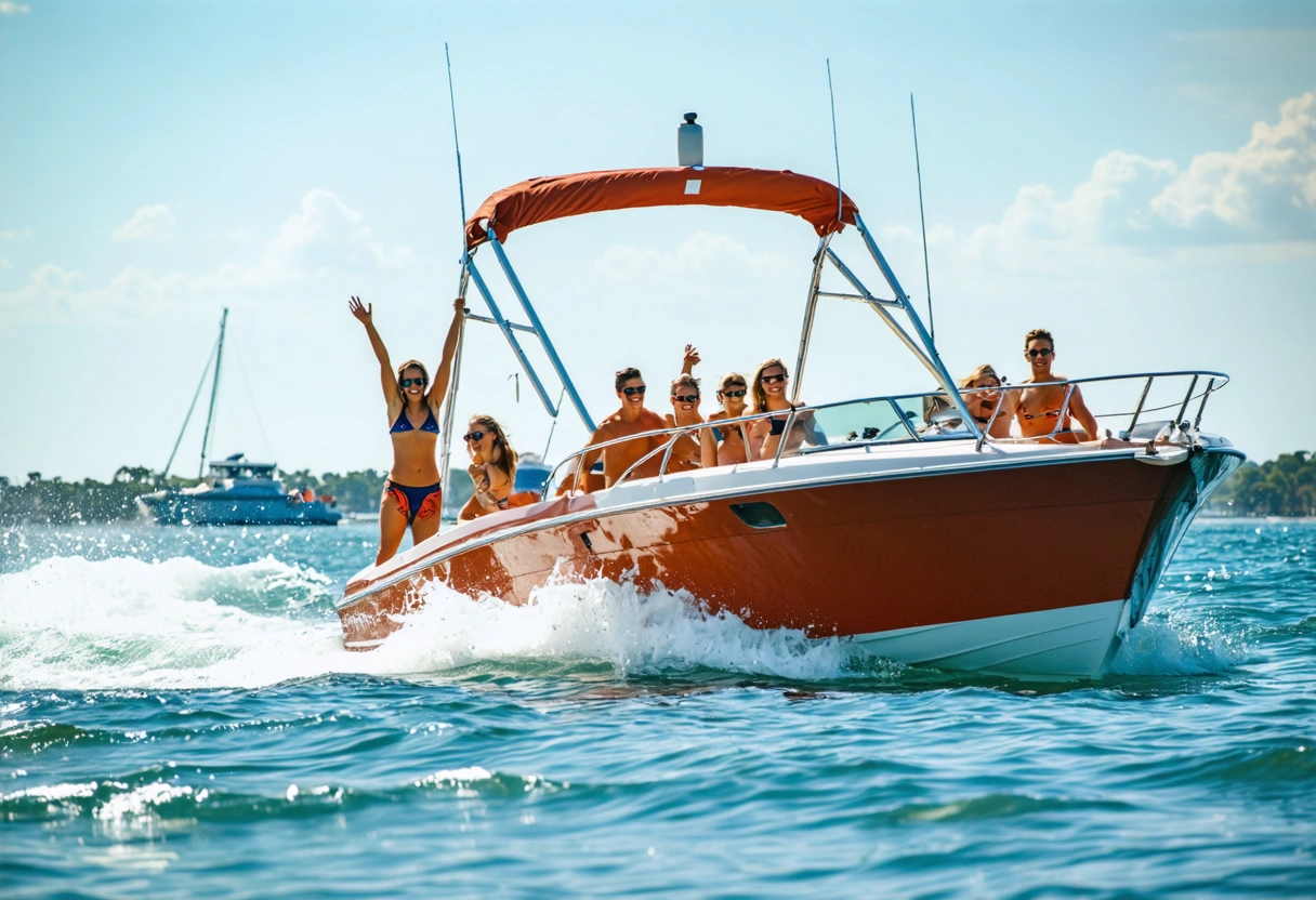 People enjoying water activities on Sarasota boat under clear skies