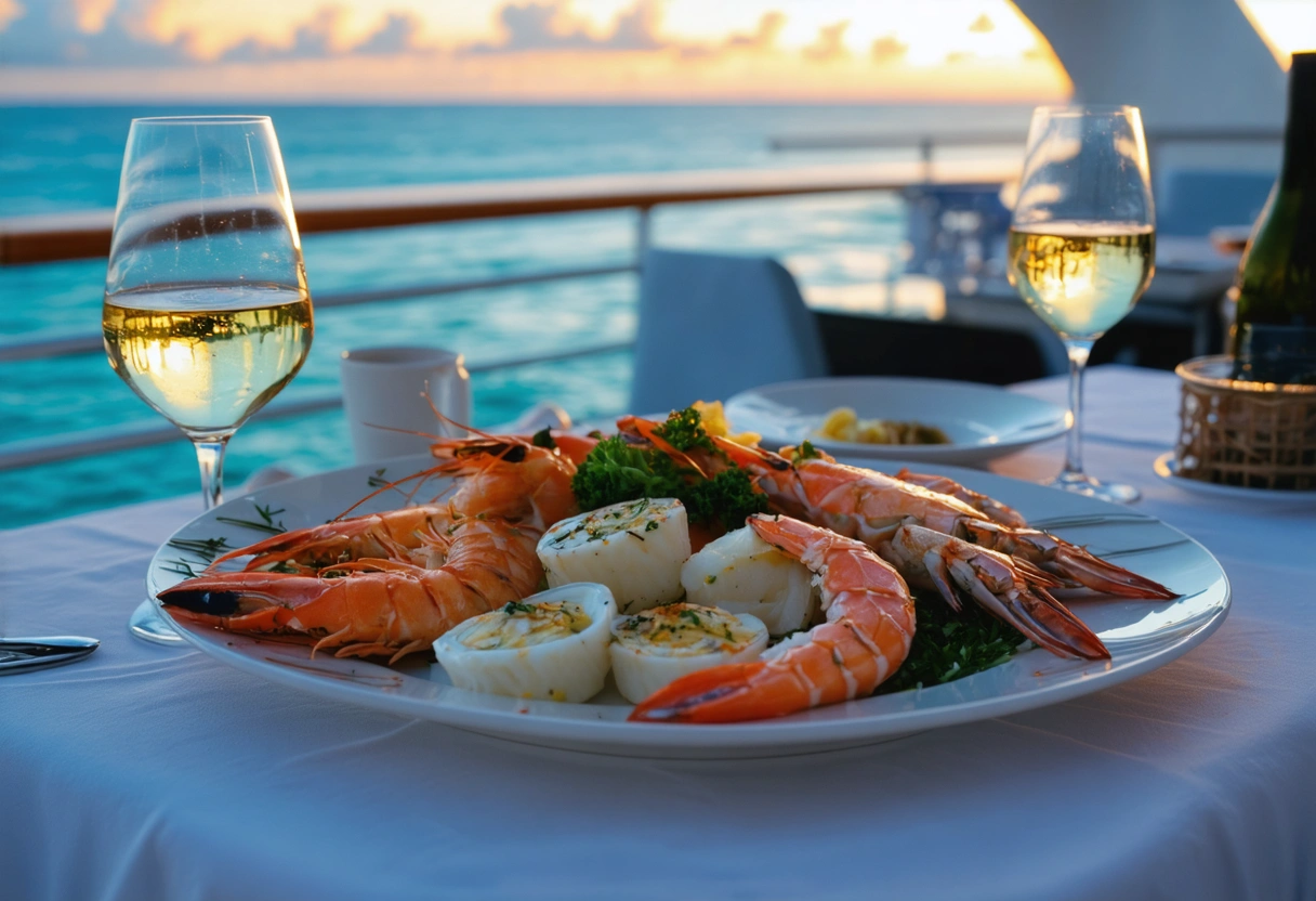 Dining on a Sarasota cruise, fresh seafood dishes on a table, sunset view over the