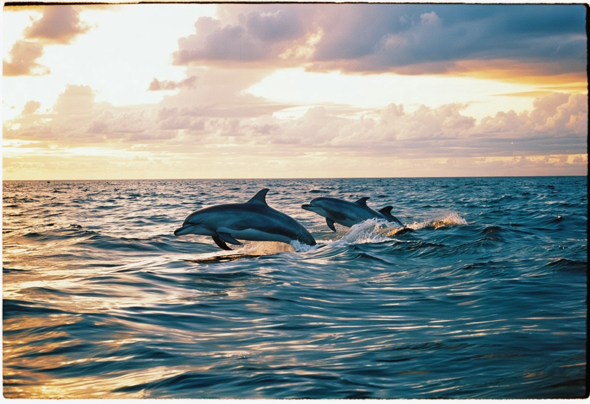 Dolphins surfacing near a boat during a Sarasota sunset cruise.